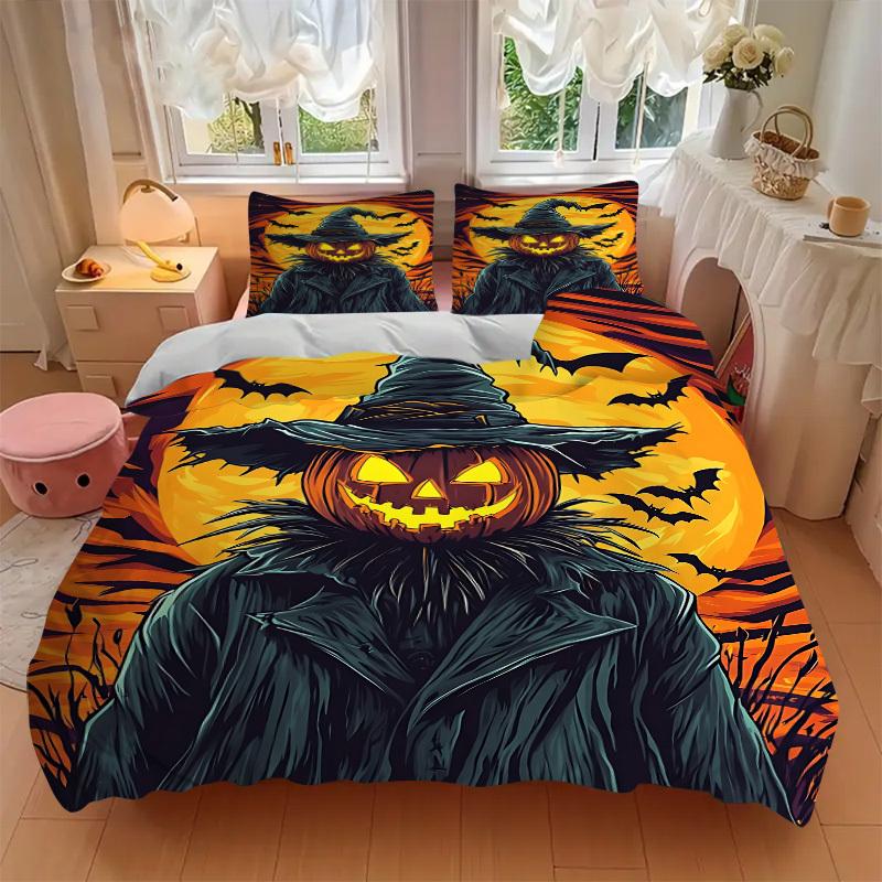 3pcs Pumpkin Witch Bedding Set - 1 Duvet Cover + 2 Pillowcases(Core Not Included), Machine Washable Polyester Yy251216169