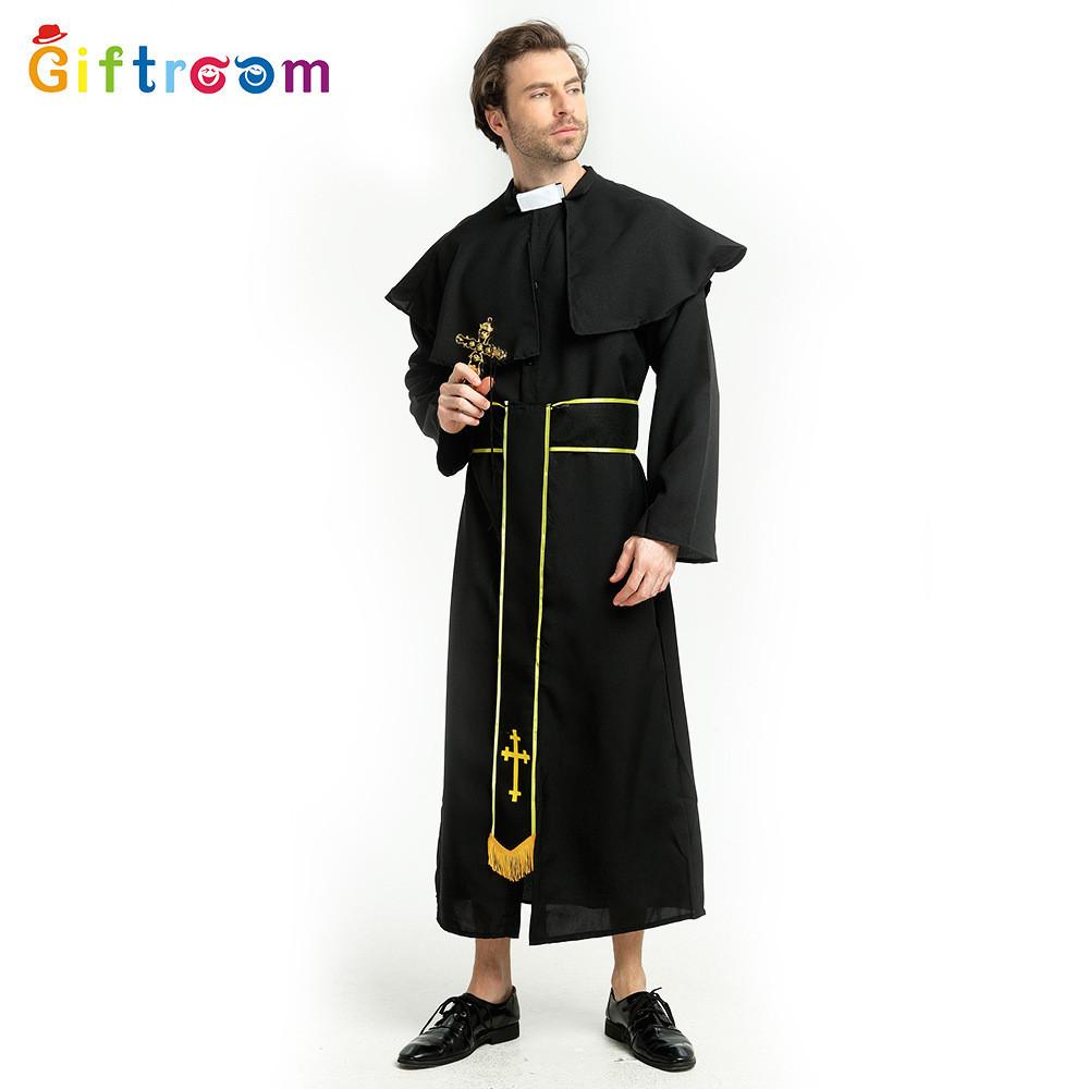 Stunning Black And Gold Priest Costume For Men Perfect For Halloween Stage Performances