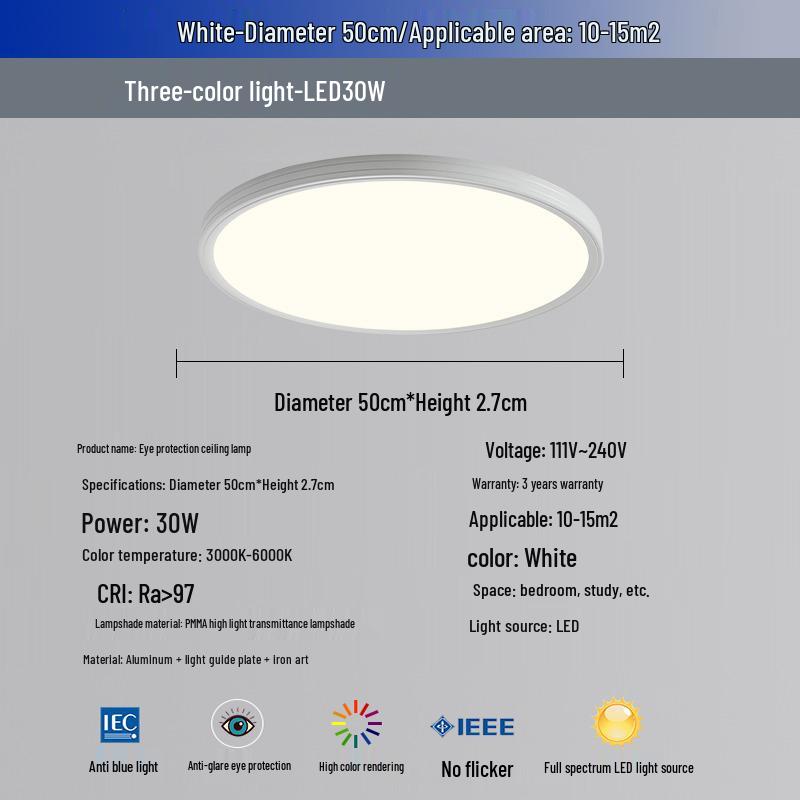 Ultra-Thin Minimalist Ceiling Light with Full Spectrum Eye Protection for Living Room or Bedroom