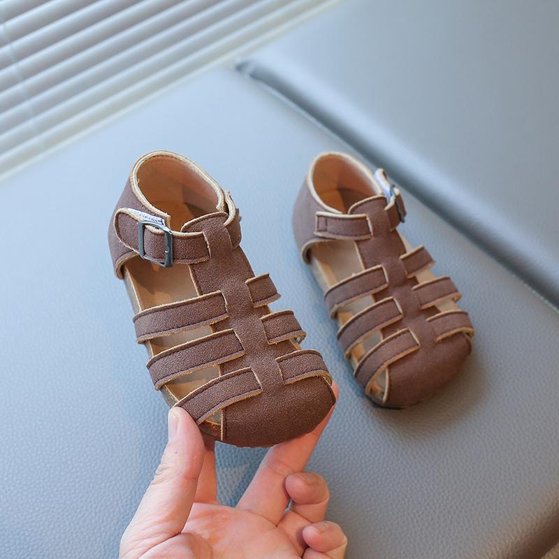 

Boys Girls Closed-toe Leather Sandals New Summer Toddler Beach Sandals Soft Sole Simple Retro Trendy Kids Barefoot Shoes 22 кофейный