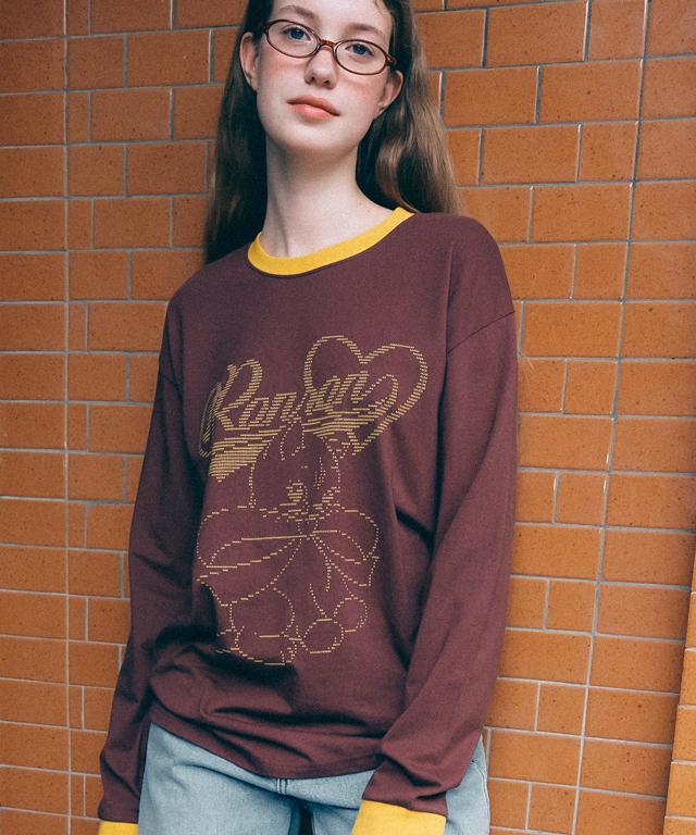RONRON Alphabet Sketch Cat Ringer Long Sleeve Brown Mustard