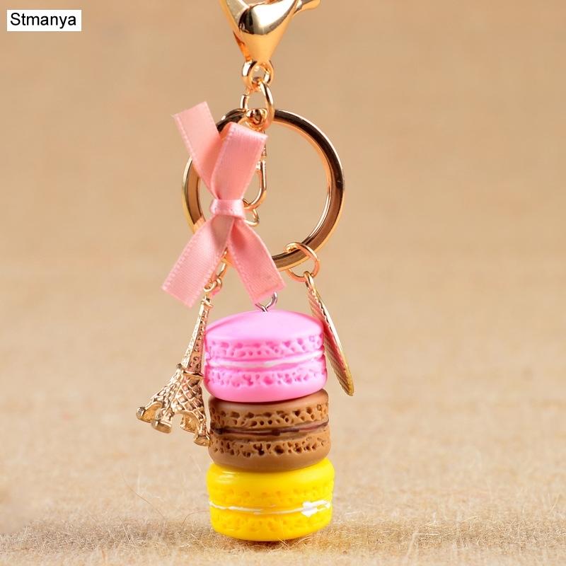 Neuer Kuchen Schlüsselanhänger Mode Auto Schlüsselanhänger Damen Tasche Anhänger Zubehör Frankreich Kuchen Macarons mit Eiffelturm Schlüsselanhänger Geschenk Schmuck