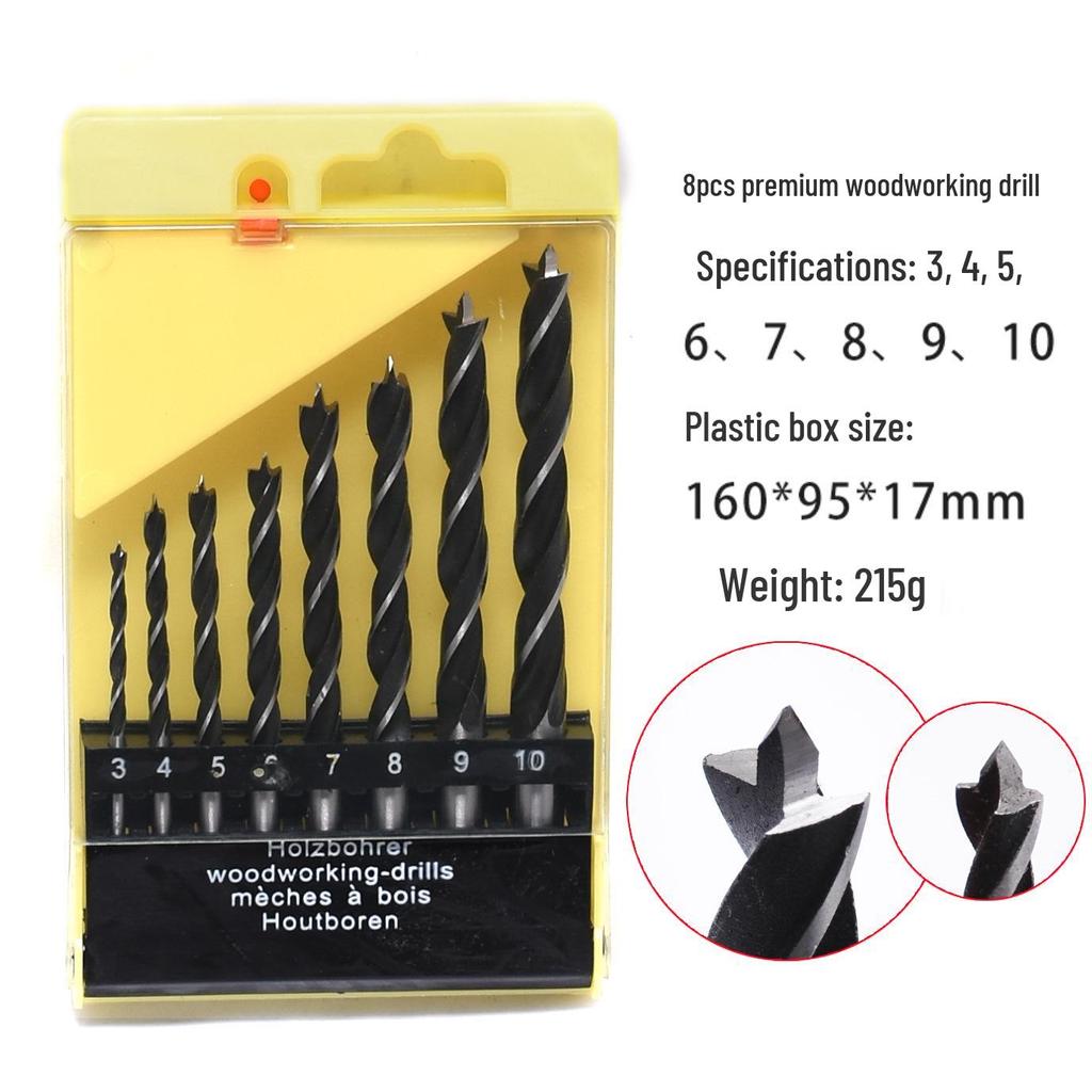 8-Piece High Carbon Steel Three-Point Woodworking Drill Bits Set (3-10mm) for Hand Drilling Wood Boards