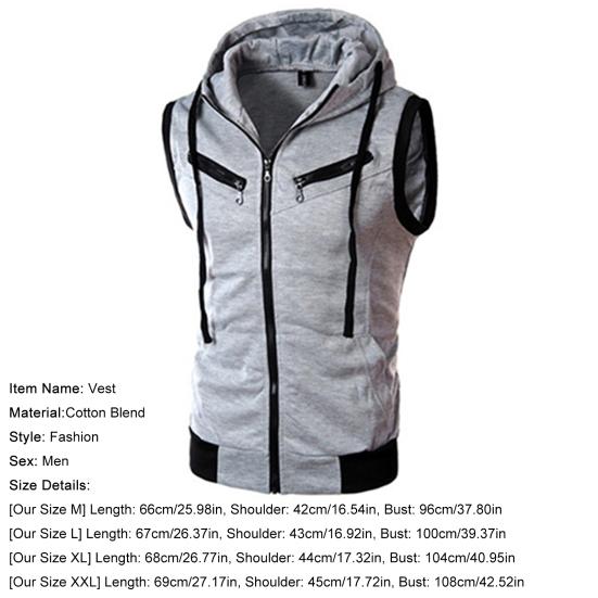 Fashion Men Sleeveless Zipper Hooded Vest Casual Top for Fitness Gym Sports