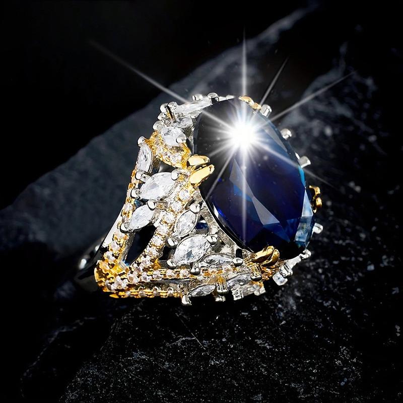 CopperFlower Ring for Women Fashionable Blue Horse Eye Shaped Shiny Zircon Jewelry Anniversary Gift