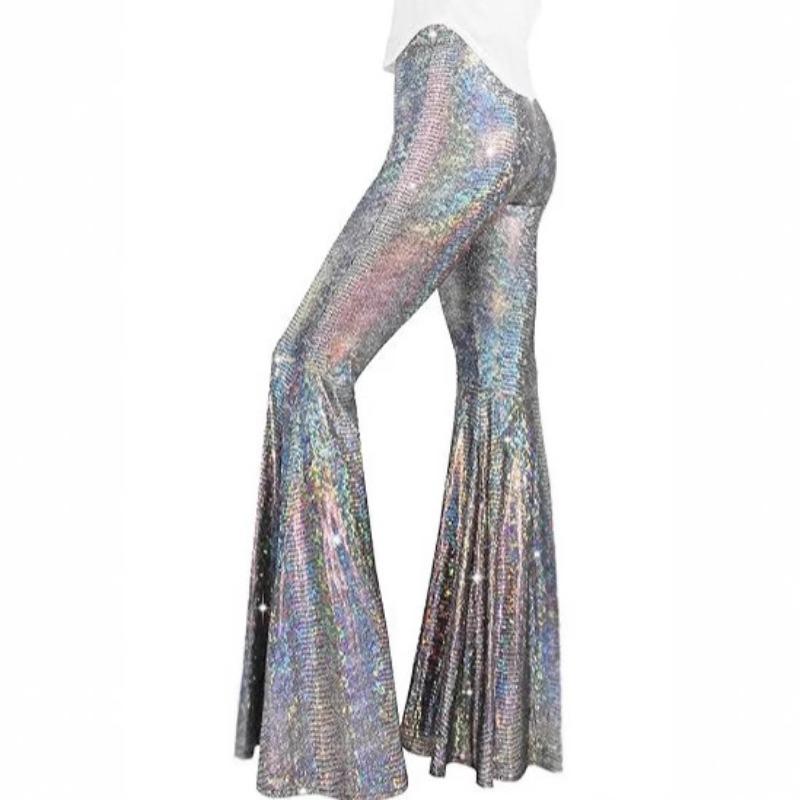 

Women s sequined flared pants Shiny high-waisted flared pants Shiny pants Night out nightclub outfit S белый