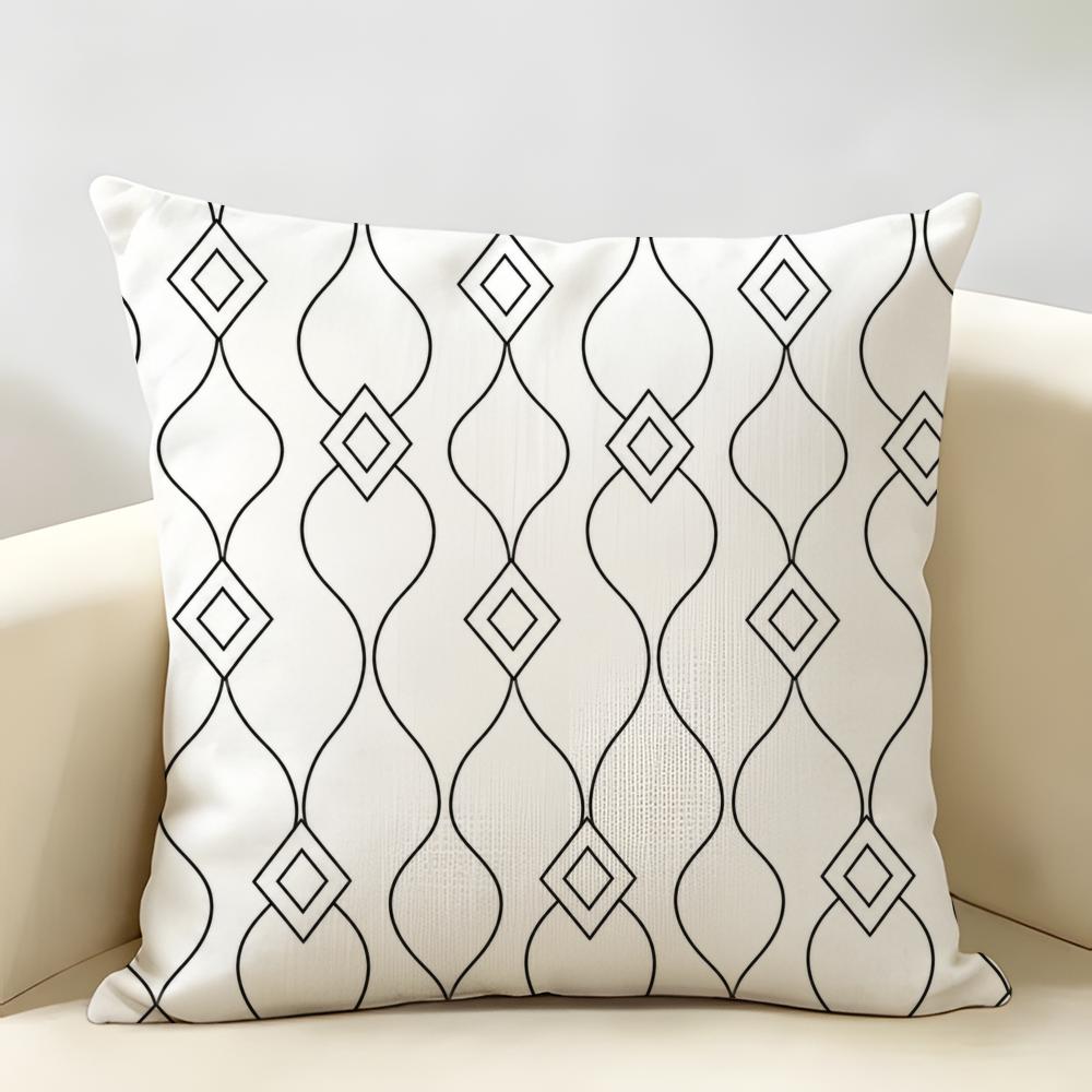 Black White Minimal Lines Cushion Cover Durable Hypoallergenic Organic Linen Short Pillow Cover Washable