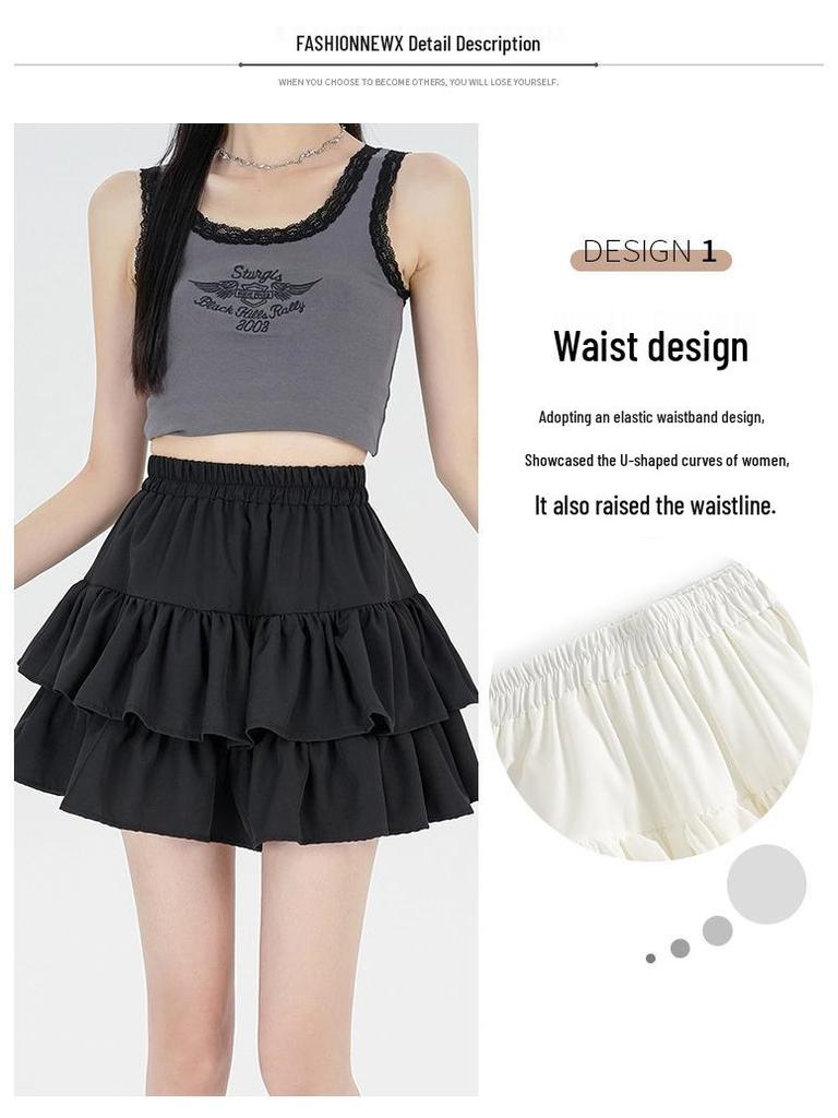 Women's Summer Black A-line Puff Short Skirt - Elastic Waist, Slimming, Anti-Exposure.