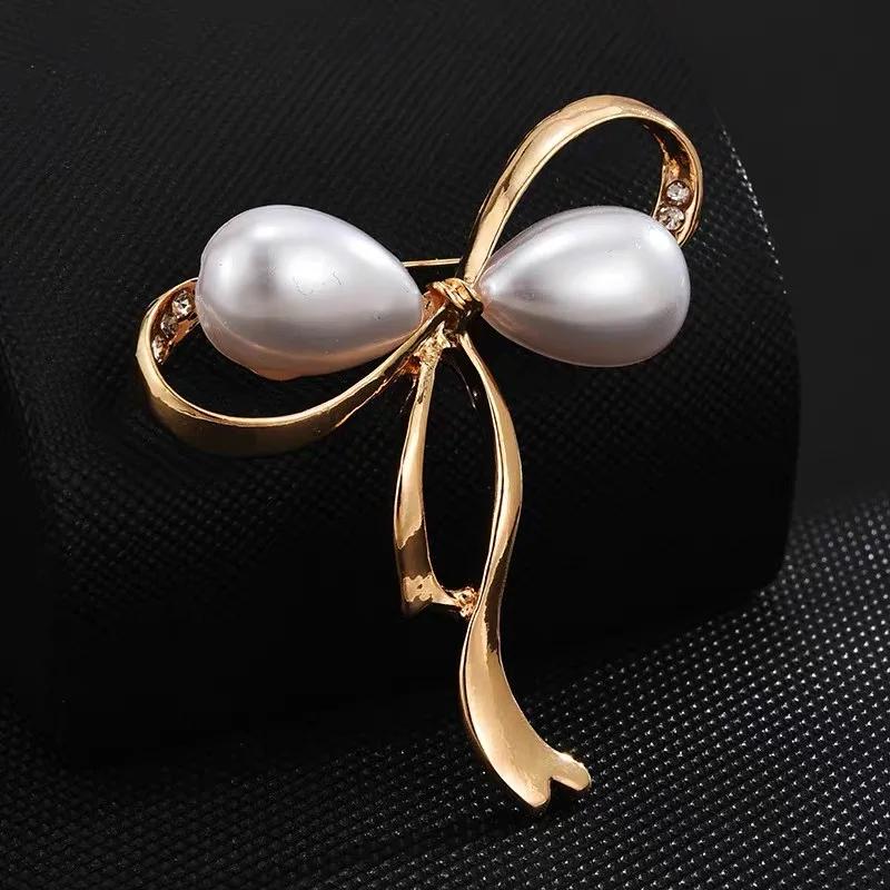 Vintage Gold Baroque Bowknot Pearl Brooch Pin Pearl Woman Party Retro Corsage Brooches Accessories