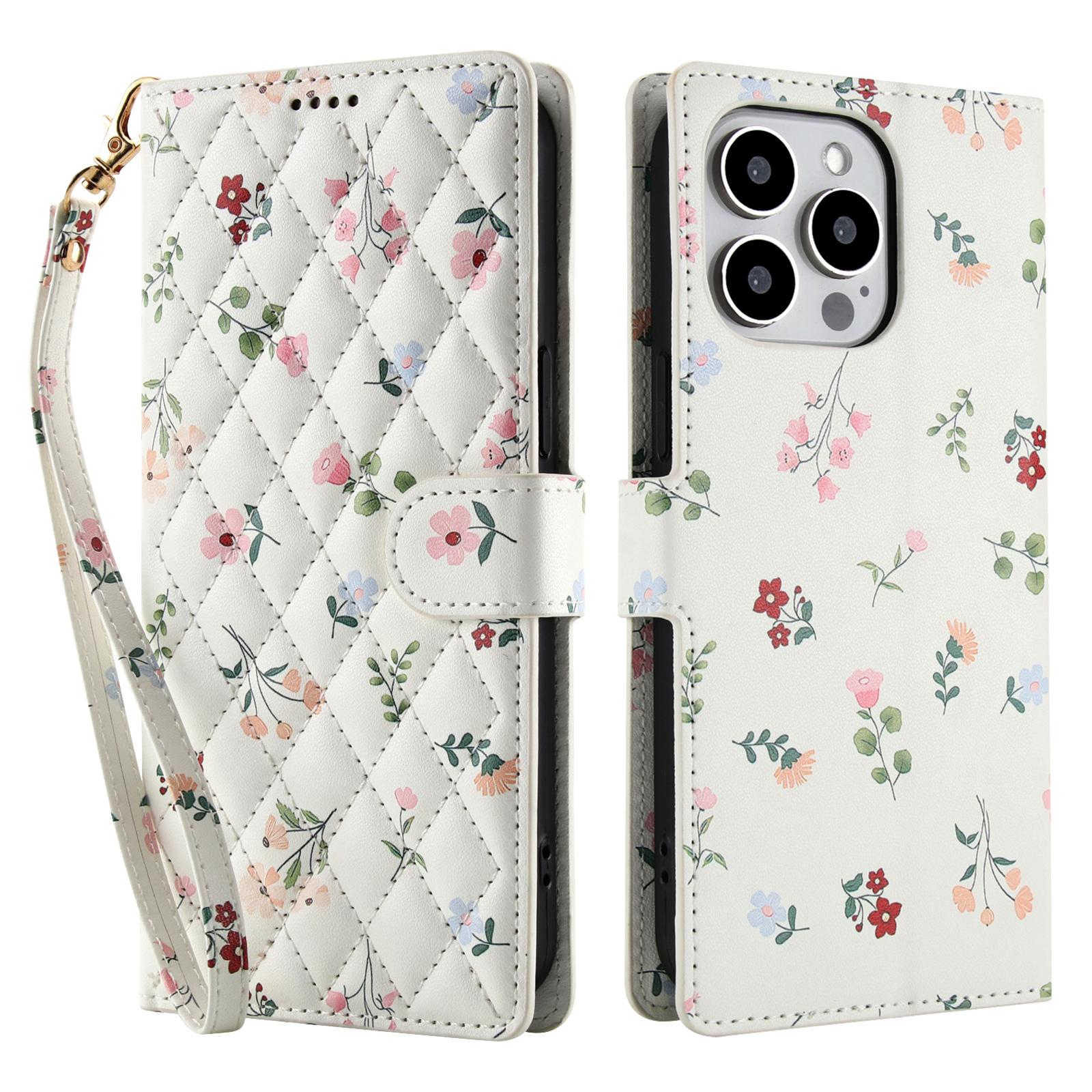 

For iPhone 16 Pro Max Wallet Case Rhombic Floral Design Leather Flip Phone Cover with Strap A1