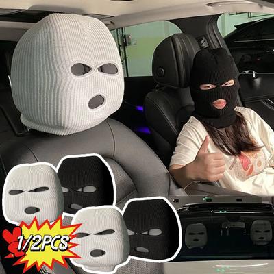 1/2PCS 3-hole Car Seat Headrest Full Face Cover Ski Mask Hat Anti Ash Protection For Car Interior Seats Funny Cover Decoration