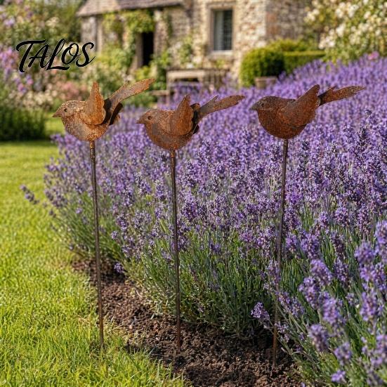 Decorative Ground Stakes 3PCS Rusty Metal Bird Stake, Cute Birds Sculpture, Animals Easy Insert Garden Stake for Outdoor Yard Decor, Gifts Friends and