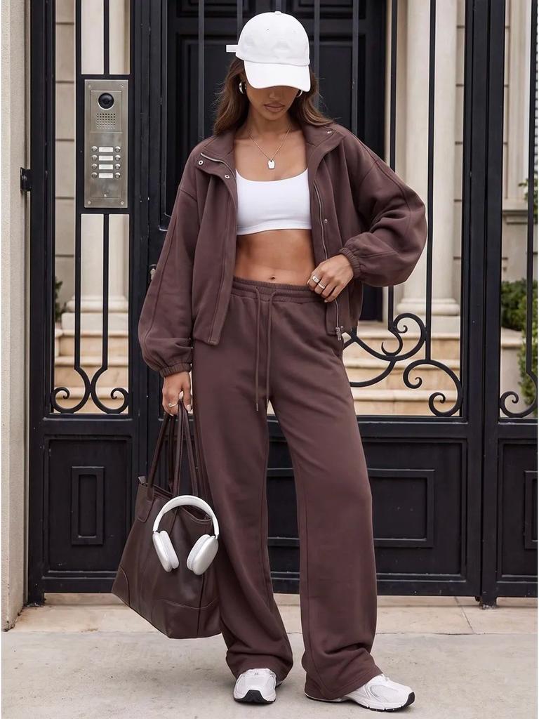 Basic full zipper sports suit for women, loose waist jacket, elastic waist wide-leg trousers two-piece set