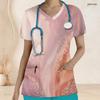 Women Plus Size Pink Printed V Neck Short Sleeve Nurse Scrub Top With Front Pockets