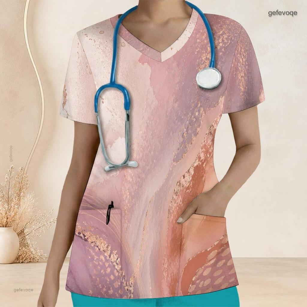 Women Plus Size Pink Printed V Neck Short Sleeve Nurse Scrub Top With Front Pockets