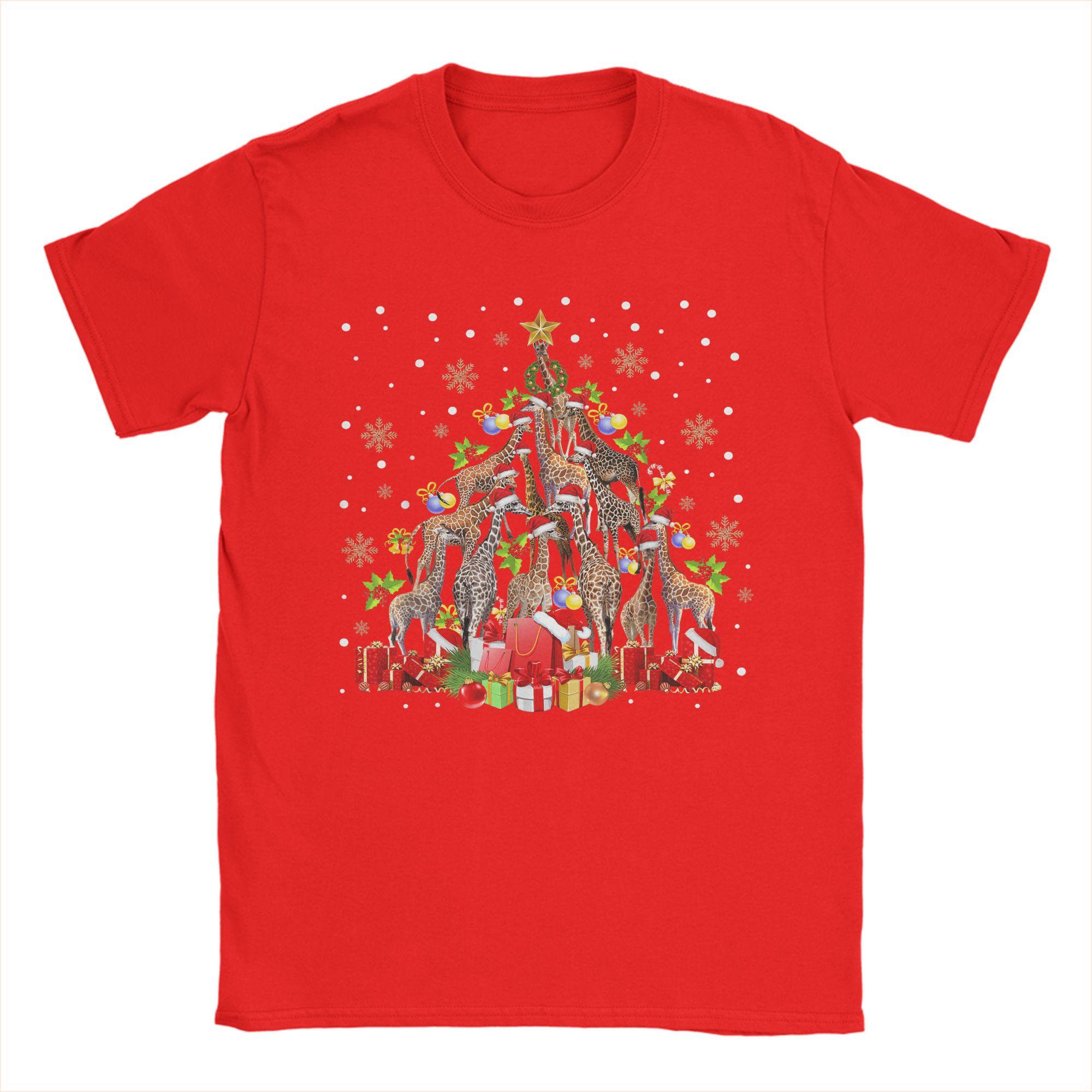 Giraffe Christmas Tree Light Sweater Xmas Ugly T-Shirt  Harajuku T-Shirts Short Sleeve Funny Tops Cotton Round Neck Top Tees S