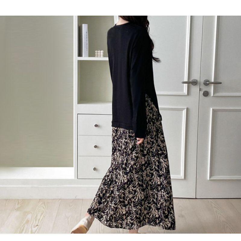 European Station Plus Size Women's Clothing Spring and Autumn New Round Neck Knitting Long Sleeves T-shirt Stitching Printing Large Swing Dress Dress