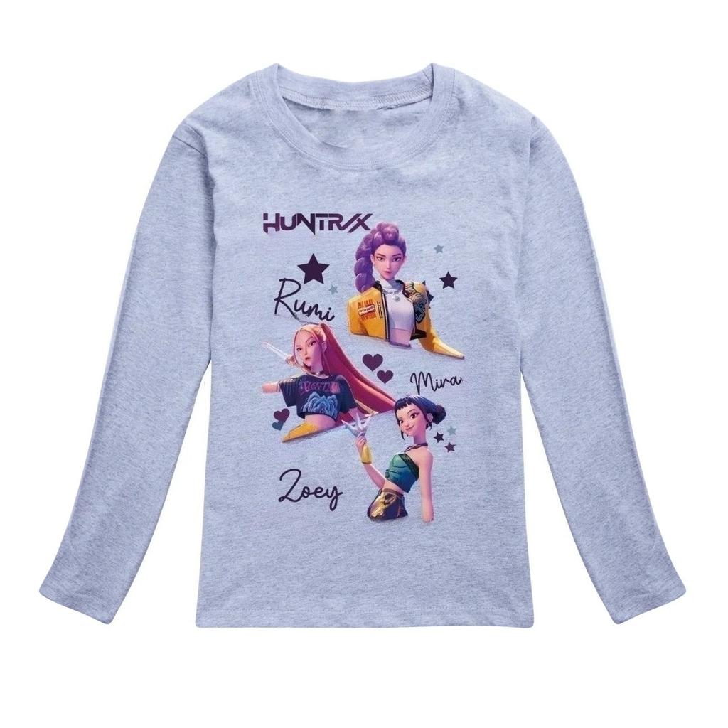 KPop Demon Hunters Kids Huntrix Long Sleeve T-Shirt Cartoon Casual O-Neck Top for Boys And Girls Fashion Loose Youth Clothing