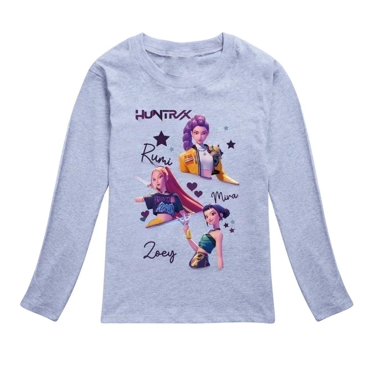 KPop Cacciatori di Demoni Bambini Huntrix Maglietta a Maniche Lunghe Cartone Animato Casual Girocollo Top per Ragazzi e Ragazze Abbigliamento Giovanile alla Moda Largo 160