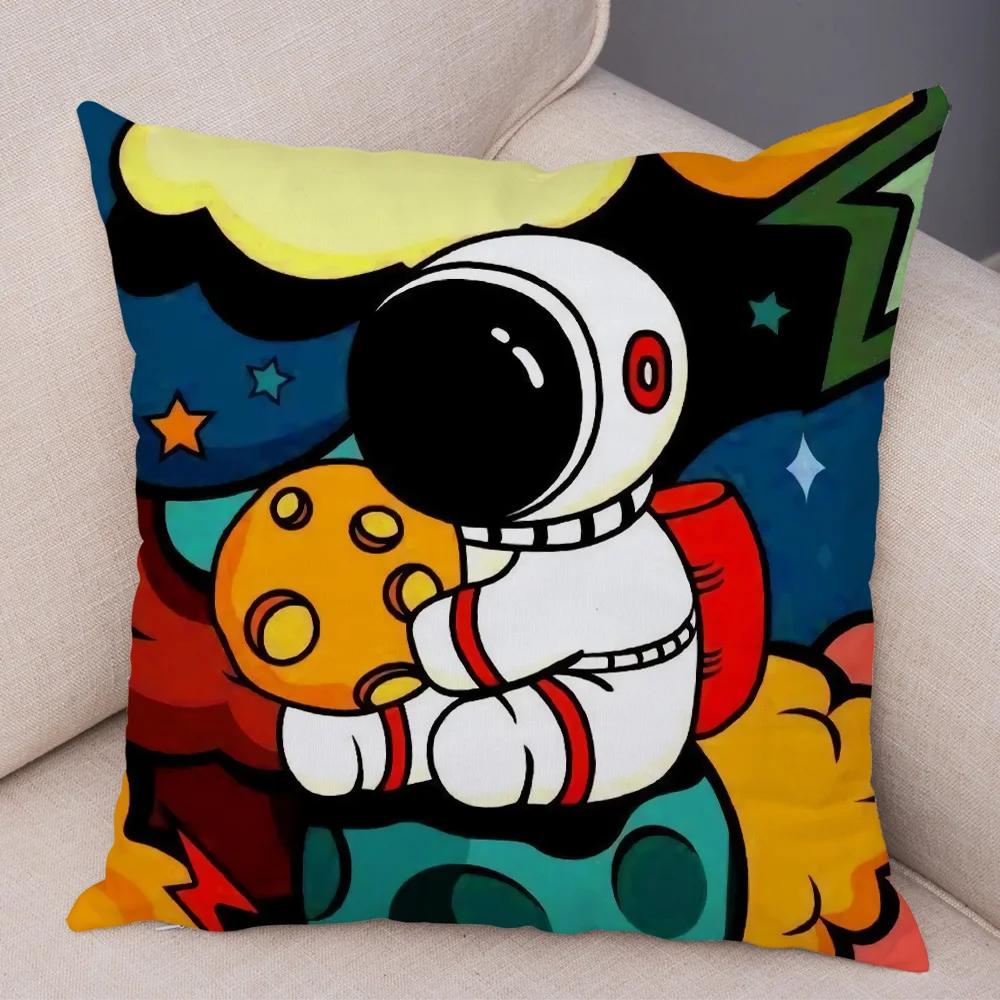 Cartoon Astronauten Kissenbezug Weicher Plüsch Dekor Kosmischer Himmel Kissenbezug für Sofa Zuhause Auto Doppelseitiger Druck Kissenhülle Kinderzimmer