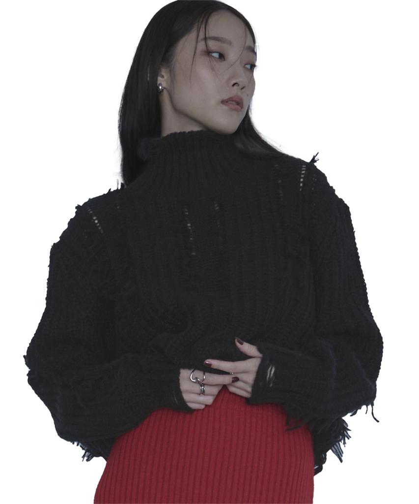 miette High Neck Distressed Fringe Knit REJR4038 Free Size Black Women's
