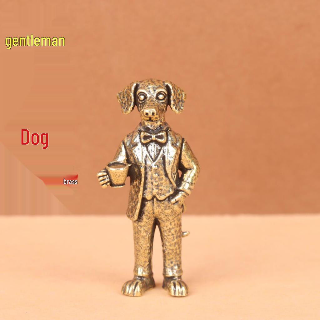 Brass Gentleman Dog Drinking Coffee Ornament: Retro Desktop Tea Pet Handicraft Decoration