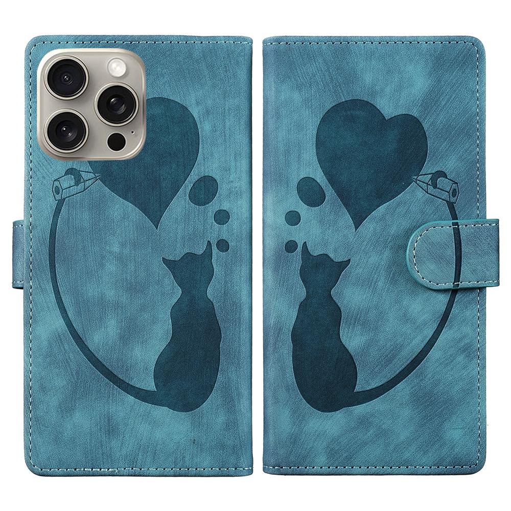 For iPhone 16 Pro Max Case Heart Cat Folding Stand PU Leather Phone Cover
