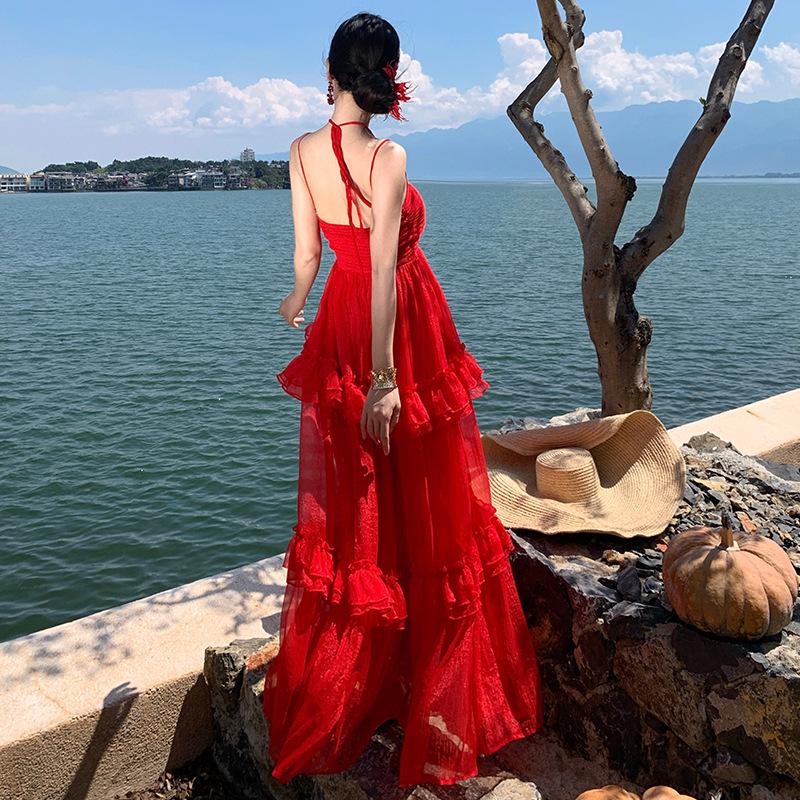 Французское ретро красное платье-комбинация с оборками - Летняя пляжная одежда для отпуска Extra Large