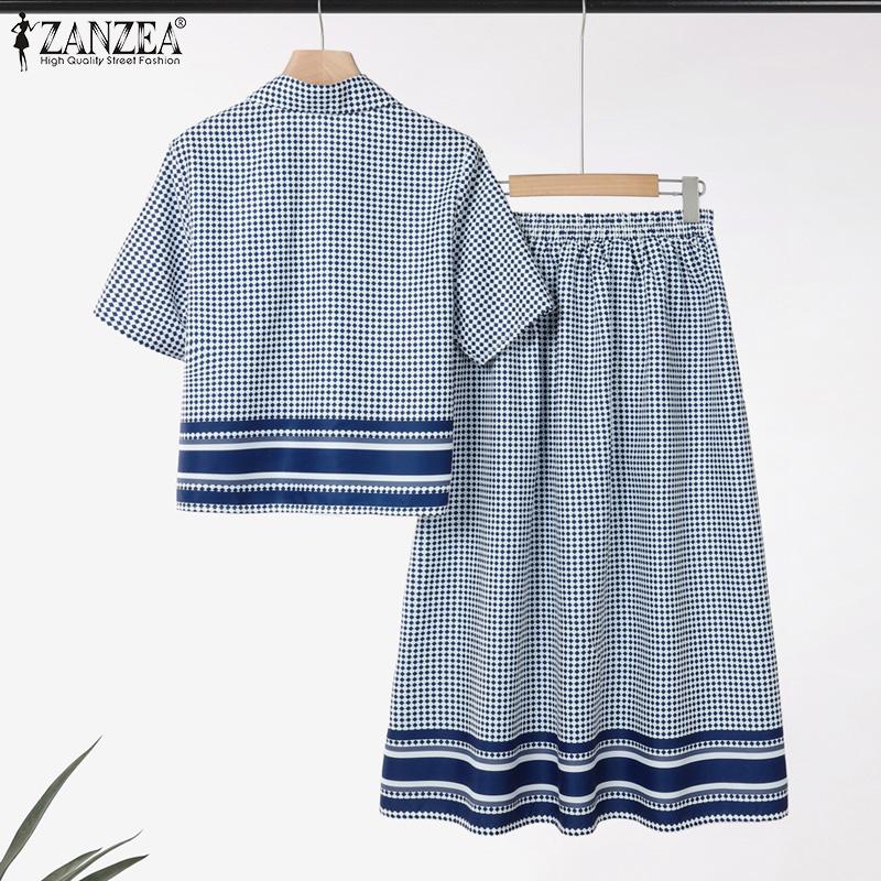 ZANZEA Women Short Sleeve Blouse and Long Skirts Grid Print Two Piece Sets