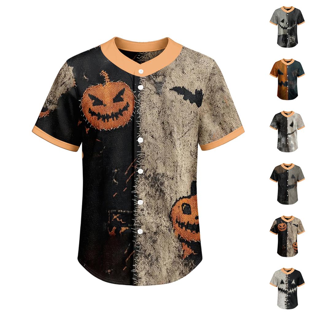 Men's Short Sleeve Halloween Print Casual Button Down Shirt for Everyday Wear