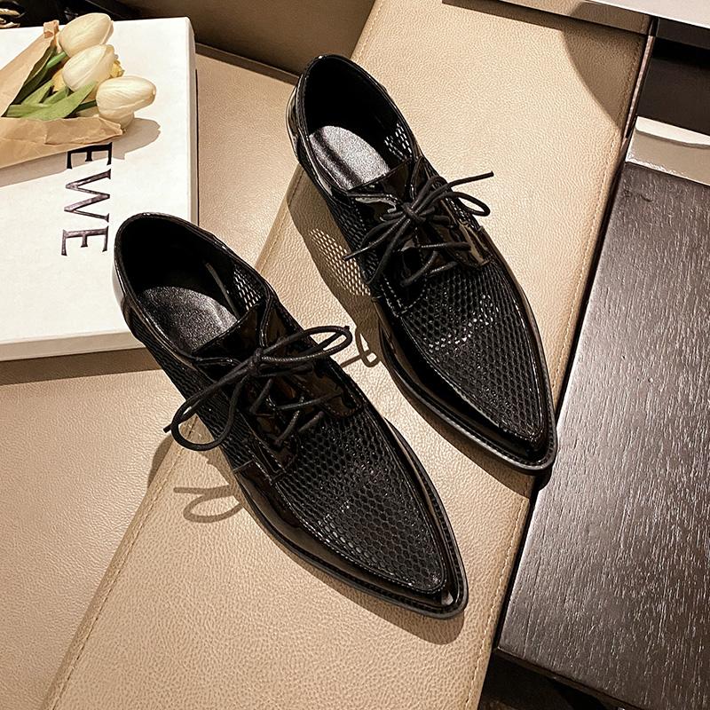 Fashion 2025 Spring Net Cloth Oxfords Women Shoes Lace-Up Ladies Brogue Flat Derby Shoes Pointed Toe Lace-up Heels Women Shoes for Women