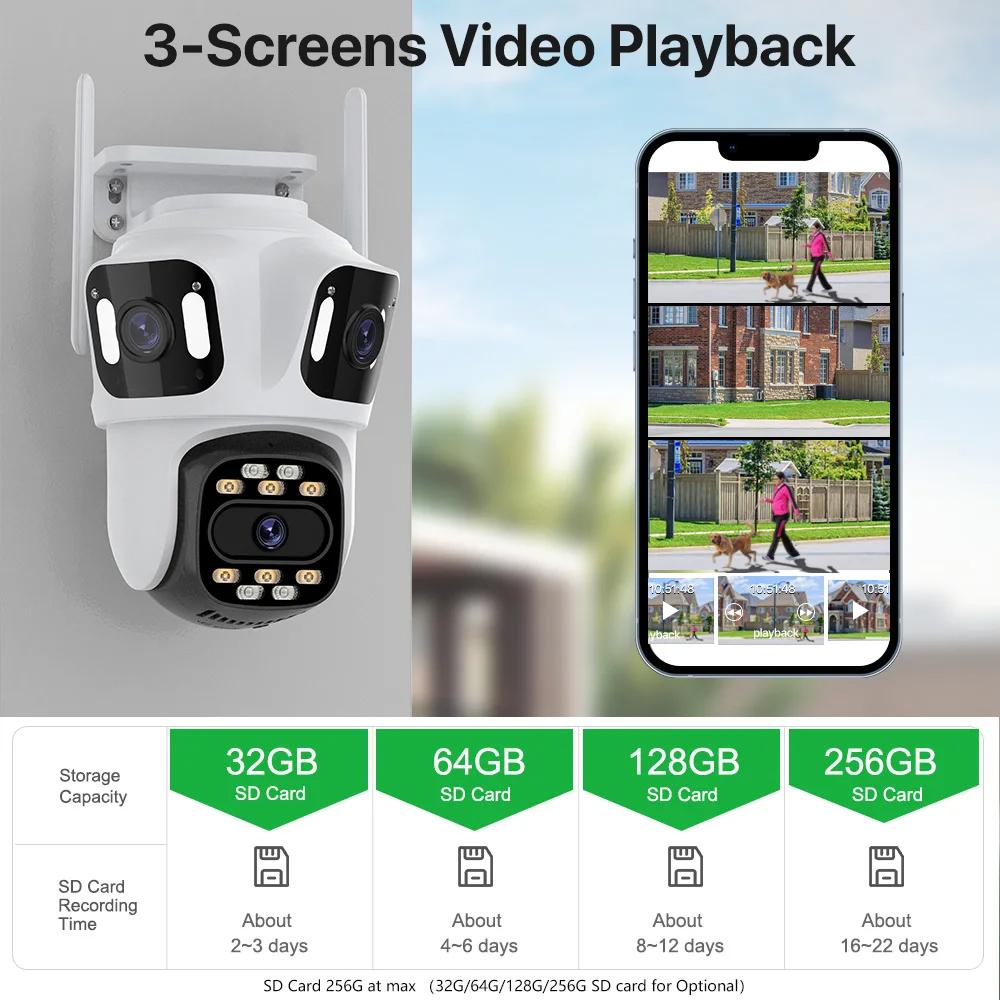 IP Camera 6K HD Three Screen External WiFi Camera Outdoor 4K Dual Lens Auto Tracking Security PTZ Cam Video Surveillance iCsee
