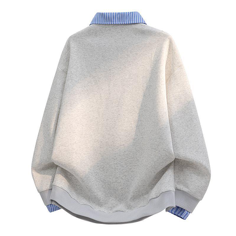 Spring 2026 Green V-Neck Fake Two-Piece Layered Sweatshirt - Loose Fit