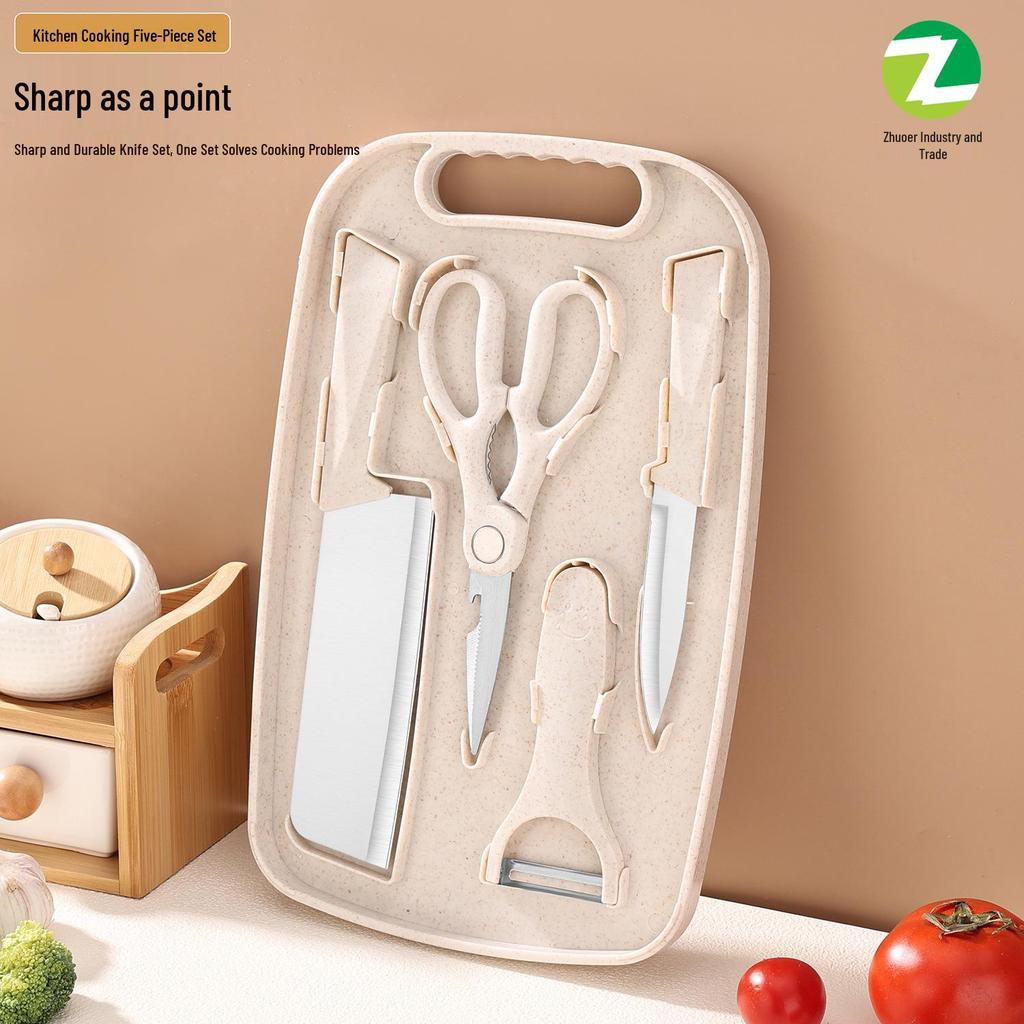 5-Piece Multi-functional Wheat Straw Cutting Board Set: Includes Kitchen Knife, Fruit Knife, Scissors, Chopping Board, Outdoor Knife.