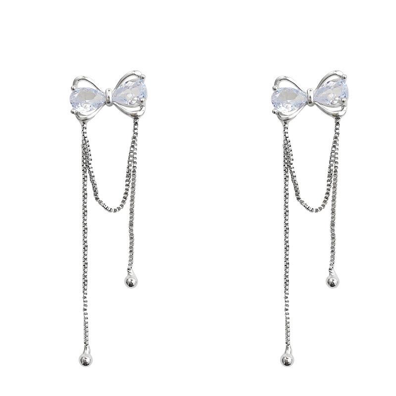 High-end bow long fringed earrings women's light luxury niche design sweet stud earrings retro temperament earrings