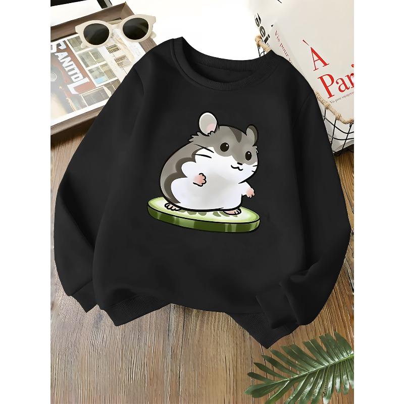 Kids Unisex Crewneck Sweatshirt, Cute Cartoon Hamster Cucumber Print Soft Fleece Long Sleeve Pullover For Boys Girls Over 4 Years Old