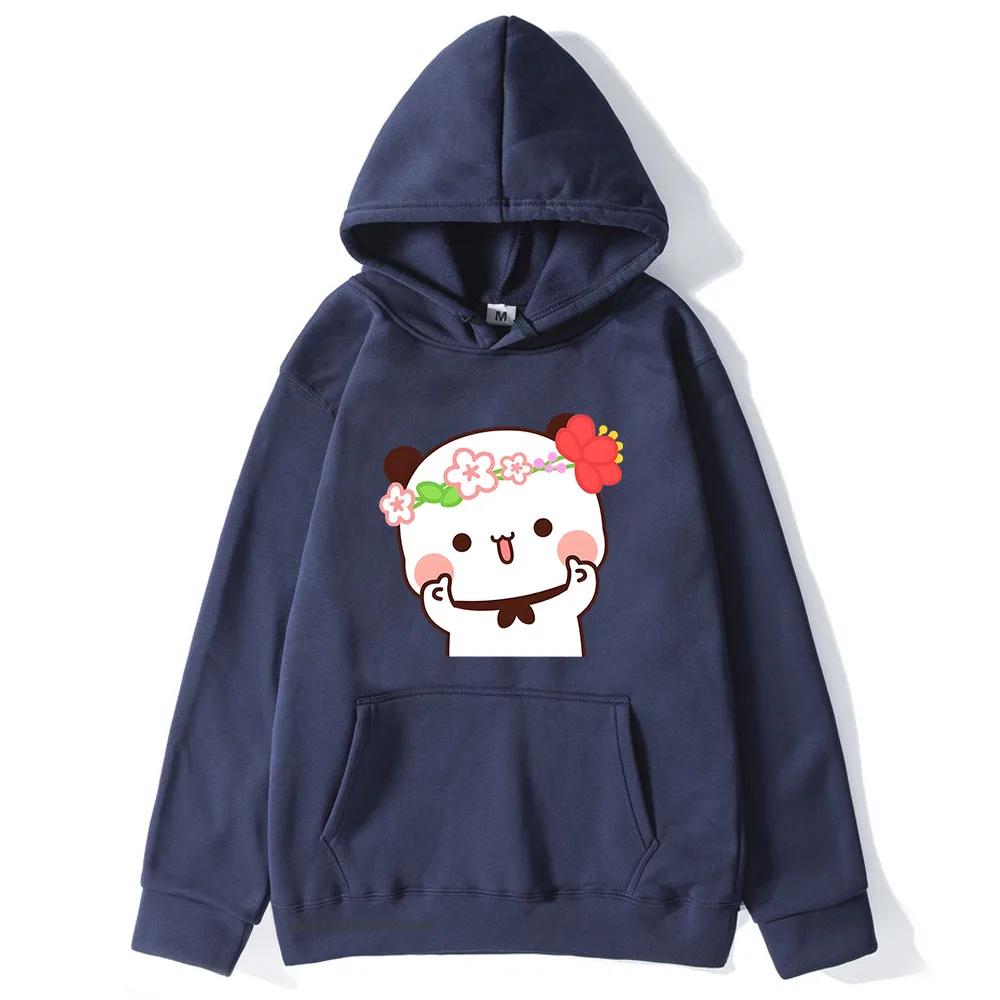 Cute Pretty BuBu Panda in Flowery Head Piece Hoodie DuDu Bear Dancing and Playing with A Guitar Sweatshirt Women Tops
