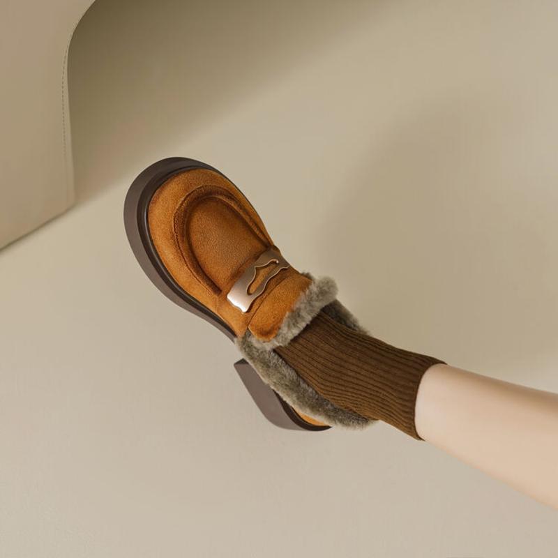 Mode NEU Winter Damen Pumps Kuhveloursleder Schuhe für Damen Runde Zehenpartie Klobiger Absatz Schuhe Slipper Damen Loafer Warme Plateauschuhe