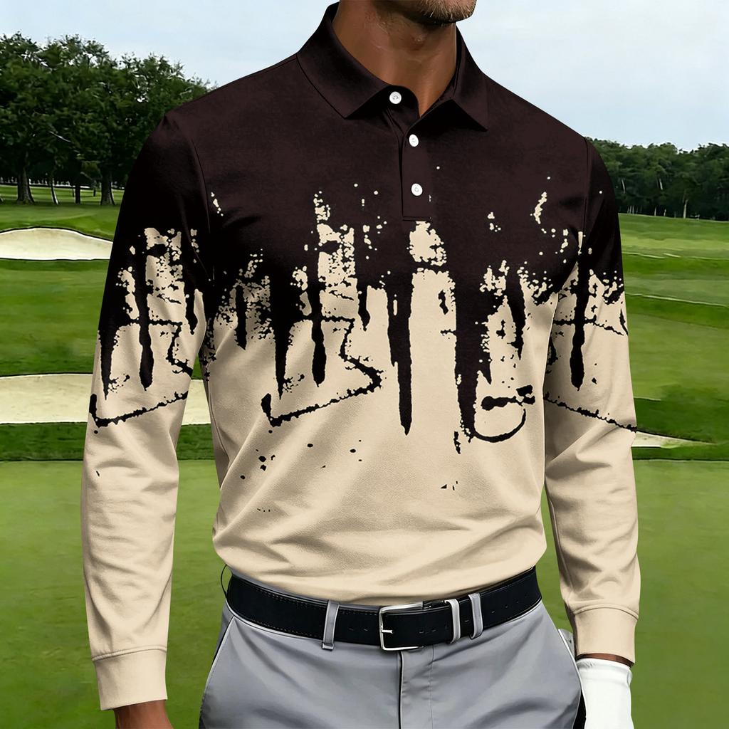 Men's Casual Printed Long Sleeve Button Down Shirt with Lapel Collar for Sports and Daily Wear