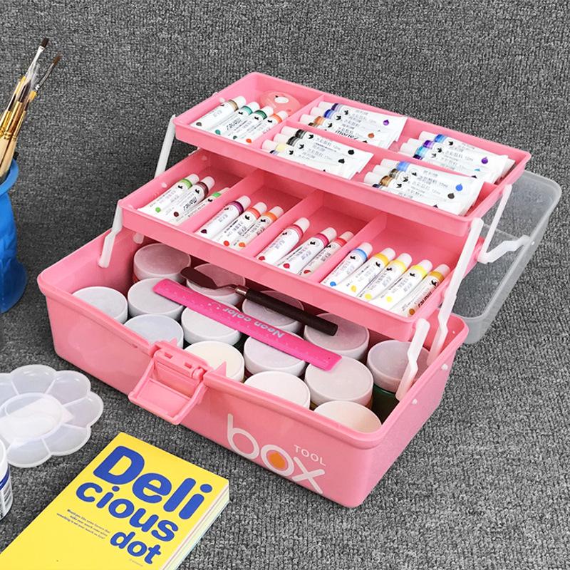 Portable Three-Layer Art Supplies Storage Box for Students and Artists