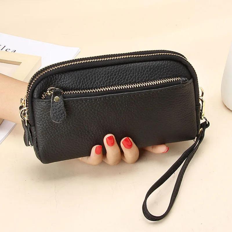 Genuine Leather Women Double Zip Wallet   Ladies Clutch Purse Cowhide Wristlet Bag Coin Purse Fashion Mobile Phone Bags