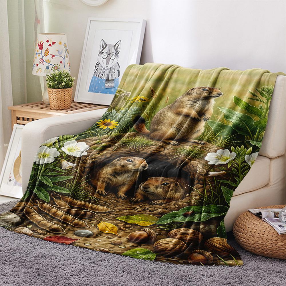 1PC Cute Little Groundhog  Print FlAannel Blanket, High Quality Comfortable for All Seasons, Home Decor, Warmth and Comfort