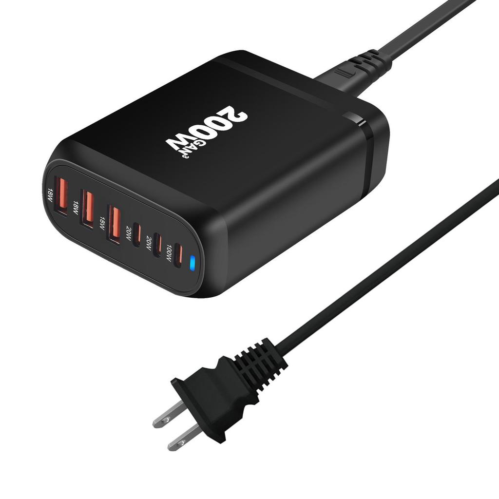 200W Gallium Nitride Multifunctional Desktop Charger with 3A3C Ports - Universal Fast PD Charging Adapter