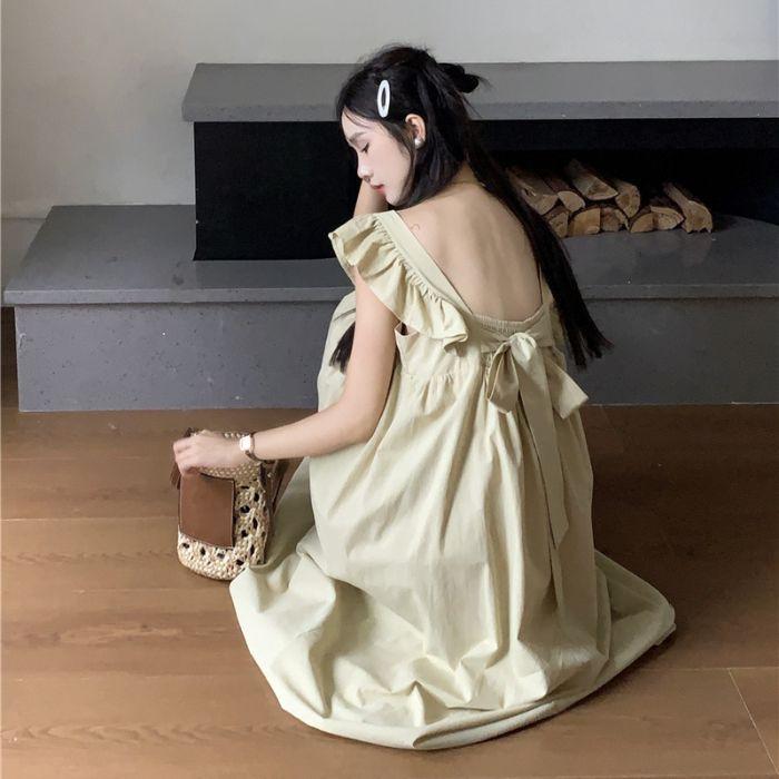 Sweet age-reducing backless strap bow flying sleeve dress summer new meat-covering and thin a-word long skirt