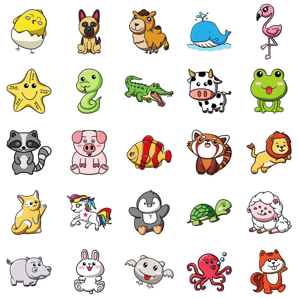 50 Cartoon Animal Doodle Waterproof Decorative Stickers for Children Reward Stickers