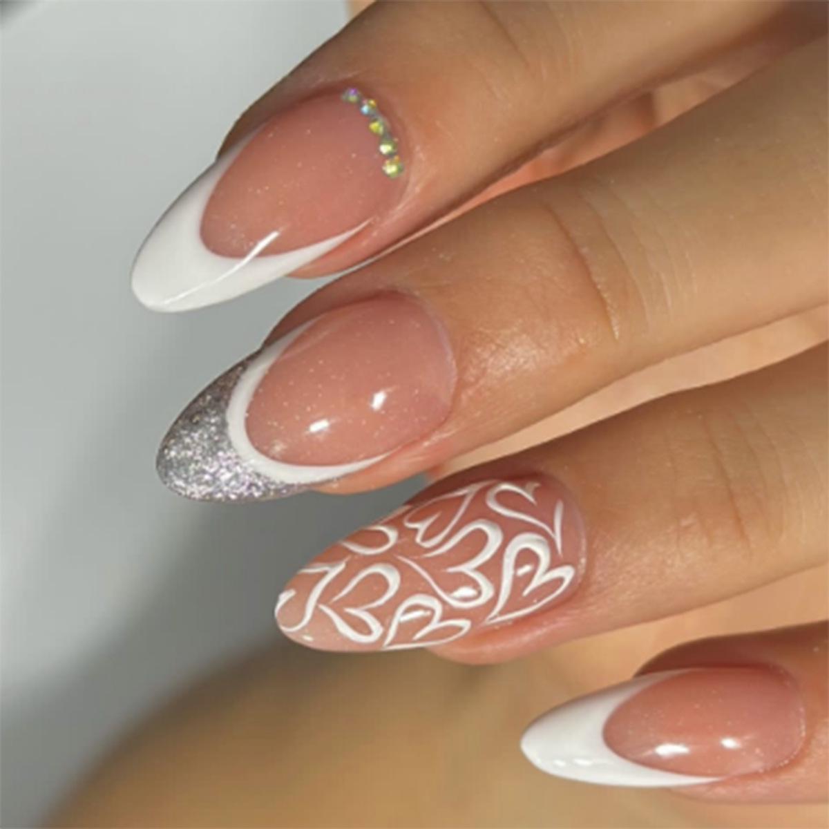 

Simple White Heart French Glitter Diamond Almond Nail Art Tips