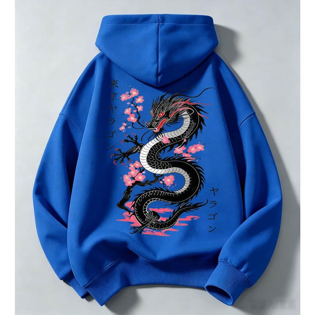 Vintage Japanese Streetwear Kids Hoodie Black Dragon Sakura Cherry Blossom Print Loose Oversized Pullover For Boys Girls