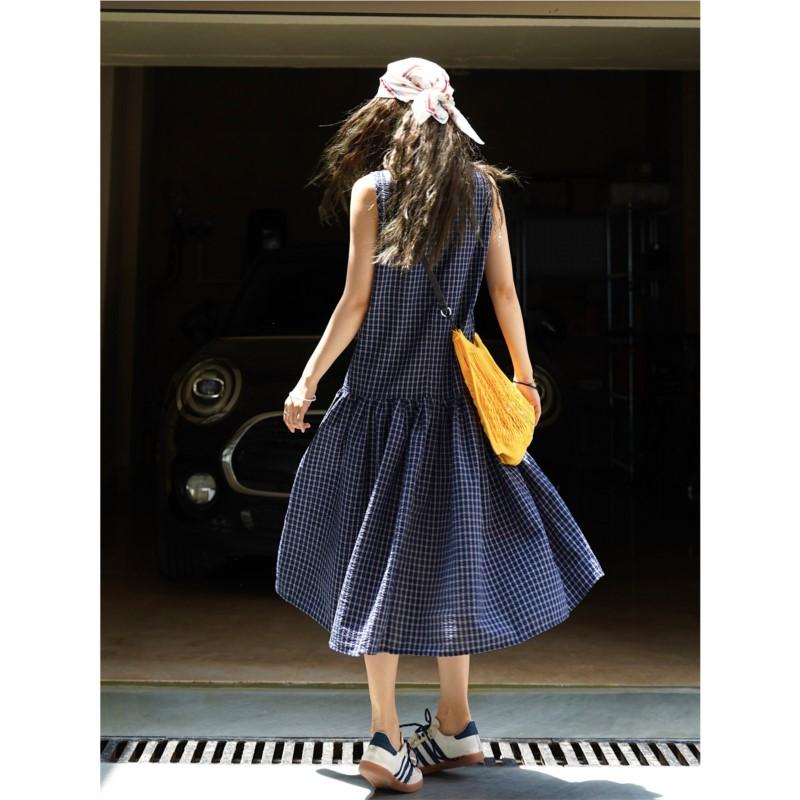 Johnature Sommer Koreanisch Retro Karo Ärmelloses Kleid Lässig Japanisch Locker Damen Pullover Kleider