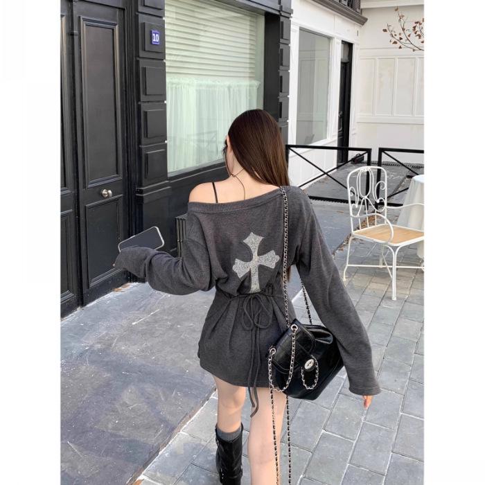 

Темпераментное серое платье А-силуэта с V-образным вырезом для миниатюрных женщин - осенний приталенный стиль со шнуровкой, короткое XL серый