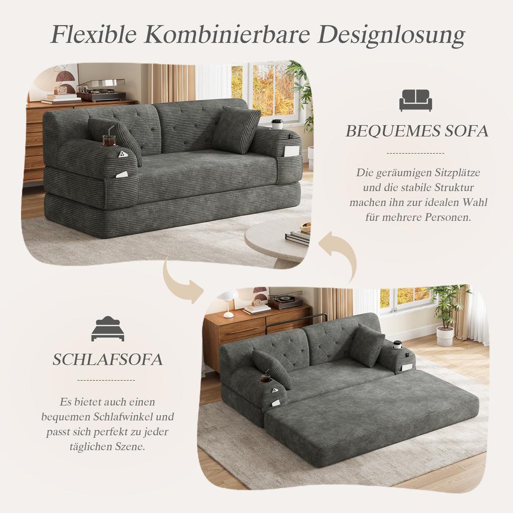 2-Sitzer Schlafsofa, Cord, Hohe Rückenlehne, Metallrahmen, Schaumstoff mit hoher Dichte, 2 Getränkehalter, 4 Seitentaschen, für Wohnzimmer und kleine Räume, Dunkelgrau